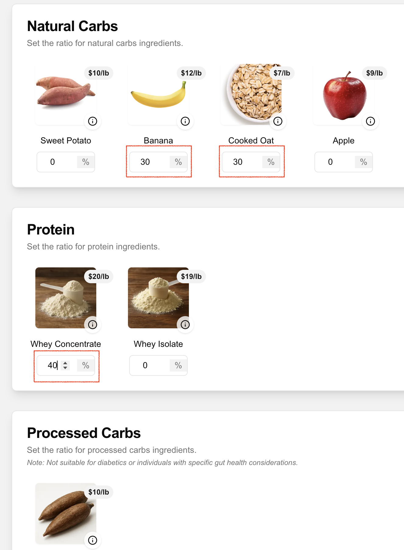 Adjusting ingredient percentages